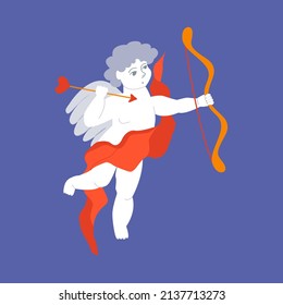 Renaissance cupid with bow and arrow. Cute baby angel. Vector flat illustration on isolated background