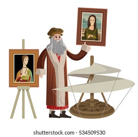 renaissance genius holding paintings and flying machine