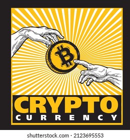 Renaissance Hands Style Illustration with Bitcoin Crypto Currency