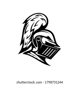 Renaissance helmet isolated medieval royal knight armour monochrome icon. Vector protection and security symbol, metal hero head mask with vizor and plumage. Retro soldier mask