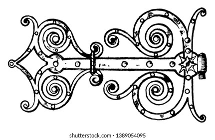 Renaissance Hinge ist ein Design aus dem 17. Jahrhundert, Schrauben in Strickbekleidung, Crochet-wear, Gratis-Ornament und Hinge, Vintage-Linienzeichnung oder Gravur-Illustration.