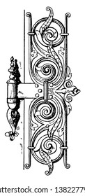 Renaissance Hinge is found in a town-hall, maintains cellar temperatures, left or right door hinge, vintage line drawing or engraving illustration.