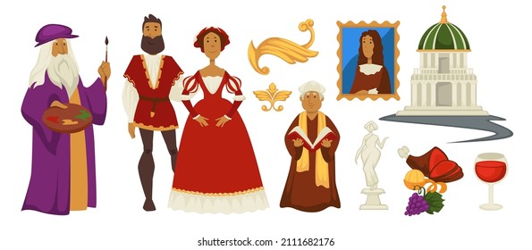 Renacimiento en Italia, período de resurgimiento de las artes y la ciencia. Gente con ropa tradicional, pintor con retrato de mujer, obispo católico con libro. Estatua y iglesia con cúpula, vector en plano