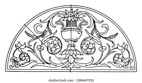 Renaissance Lunette Panel is an intarsia design, vintage line drawing or engraving illustration.