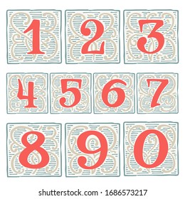 Renaissance numbers set with line pattern. Vintage vector typeface perfect for premium design labels, medieval print, antique posters, etc.