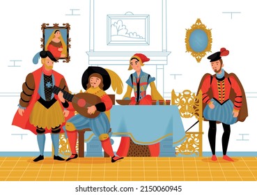 Renaissance Old Colored Composition People In Interior Of Medieval Castle Celebrating At The Table Vector Illustration