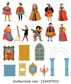 Renaissance Old Retro Fashion Style Icon Set Men In Medieval Costumes Women In Fancy Dresses And Interior Objects Vector Illustration