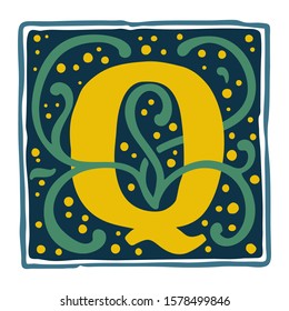 Renaissance Q letter logo in dim vintage colors. Roman typeface, vector premium design template elements for identity, package, book, diploma, etc.
