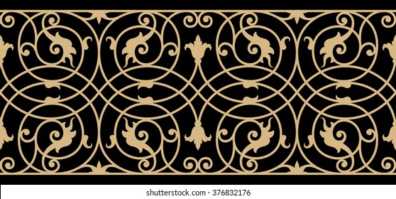 Renaissance Seamless Border. Wrought Iron. Ocher on Black. Elegance Forged fence