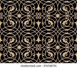 Renaissance Seamless Pattern. Ocher on black background