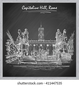 Renaissance staircase designed by Michelangelo leading to Capitoline Hill. Sketch imitating chalk drawing on a blackboard. Sketch is isolated on a separate layer. EPS10 vector illustration.