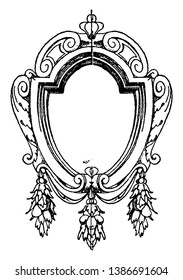 Renaissance Strap-Work Frame Was Oval Shape Design, It Have Leaves Pattern, Vintage Line Drawing Or Engraving Illustration.