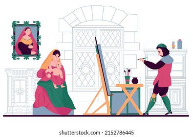 Renaissance style artist composition artist paints a portrait of girl with a child vector illustration