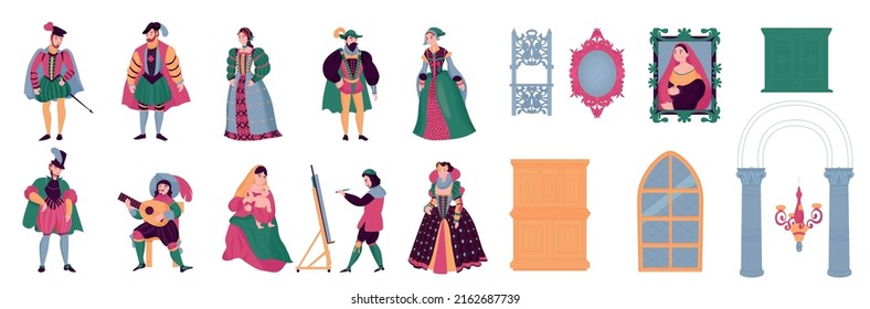 Renaissance style color icon set windows arches mirrors and paintings from the castle women and men in medieval clothing vector illustration