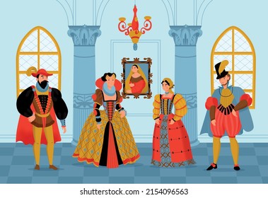 Renaissance style composition men and women in medieval dress inside the castle vector illustration