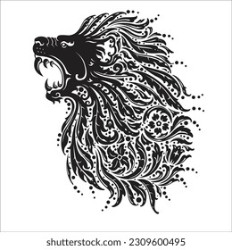 Renaissance style lion head It is a black image on a white background. Gives a moving and retro feel.
