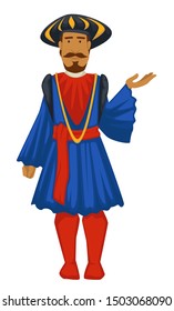 Renaissance style, man in tunic with leggings and headdress vector isolated male character. Prince or nobleman in hat and red boots, ancient fashion, clothing or outfit. Bearded guy in vintage clothes