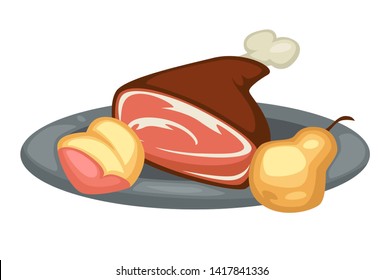 Renaissance traditional food meat leg and pear vector isolated metal plate serving meal 