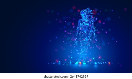 A Renaissance woman with flowing hair stands tall in the style of modern computer technology. Abstract figure of a woman consisting of glowing lights. Digital Art wallpaper with beautiful Venus.