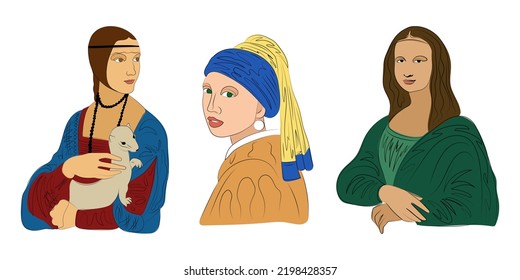 Renaissance women set, Mona Lisa, girl with pearl earring, lady with ermine