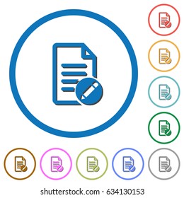 Rename document flat color vector icons with shadows in round outlines on white background