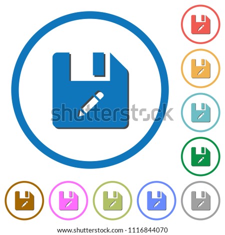 Rename file flat color vector icons with shadows in round outlines on white background