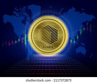 ilustración de vectores 3D de la moneda de renBTC (RENBTC). Cryptocurrency blockchain (divisa criptográfica) Futura tecnología de reemplazo digital Silver como fondo el gráfico de crecimiento de la moneda virtual.