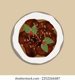 Rendang Daging Sapi or Beef stew traditional food from Padang, Indonesia. The dish is arranged among the spices and herbs used in the original recipe like chili, lemongrass onion. Food illustration
