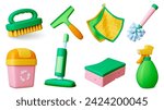 Render 3d household tools. Garbage bucket, broom and sponge, brush an vacuum cleaner. Cleaning service isolated realistic elements, pithy vector set