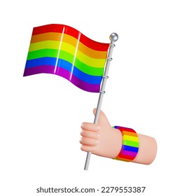 Render 3d icon of a hand with a bracelet holding a pride and lgbt flag in iridescent color. Vector illustration