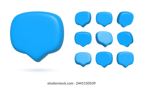 Ilustración 3D de renderizado de burbuja de voz azul. Burbuja de discurso mate vector de alta calidad. Símbolo o emblema para el texto de burbujas de habla, cuadro de charla, cuadro de mensaje contorno de dibujos animados. Ilustración de vector