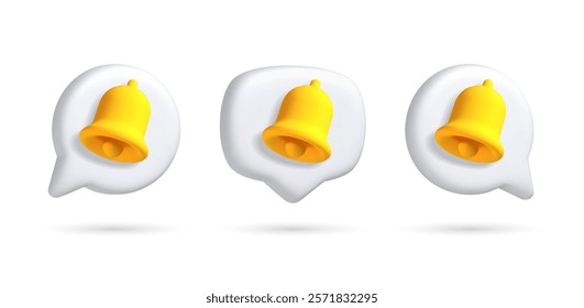 Render 3D illustration of white speech bubble with yellow bell. Mate speech bubble high quality vector. Symbol or emblem. Vector illustration