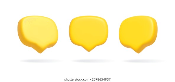 Render 3D illustration of Yellow speech bubble. Mate speech bubble high quality vector. Symbol or emblem for speak bubble text, chatting box, message box outline cartoon. Vector illustration