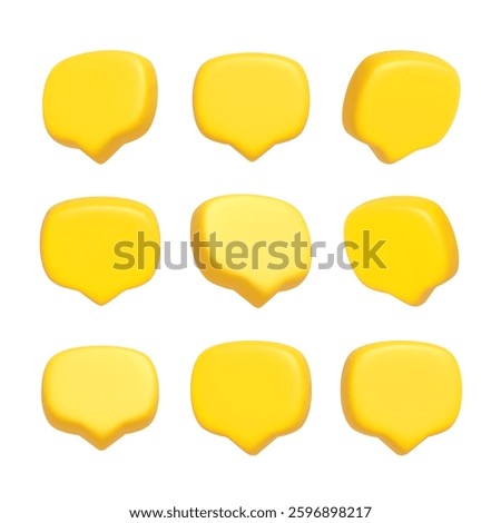 Render 3D illustration of Yellow speech bubble. Mate speech bubble high quality vector. Symbol or emblem for speak bubble text, chatting box, message box outline cartoon. Vector illustration