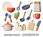 Render 3d kitchen elements. Isolated realistic bowl, cup and plate. Pot and crockery, knife, fork and spoon. Jars for ingredients, pithy vector clipart