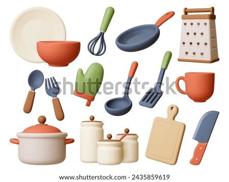 Render 3d kitchen elements. Isolated realistic bowl, cup and plate. Pot and crockery, knife, fork and spoon. Jars for ingredients, pithy vector clipart