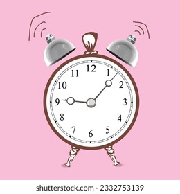 render alarm clock hurry up, ringing watches with flash lightnings. Morning alert, time countdown, last chance sale or deadline concept, Illustration in cartoon plastic style on white background