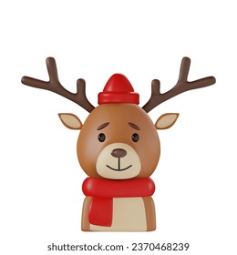 Render of an avatar of a Christmas reindeer wearing a hat and scarf. portrait for media and ui design. Vector 3D illustration on isolated white background