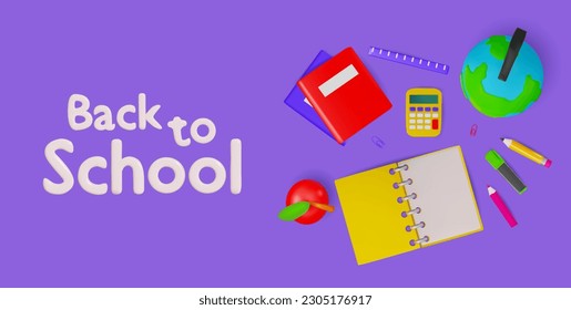 Render Banner zurück zur Schule mit Schreibwaren, Lehrbüchern, Taschenrechner, Globus, Apfel. oben anzeigen. Vektorgrafik im 3D-Stil auf isoliertem Hintergrund. Für Druck, Website, Medien