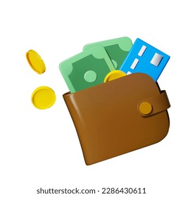 Render of a brown leather wallet icon with money, card and coin. Vector illustration in 3d style. For website, print, web banner, etc.