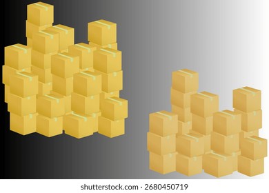 Render cargo delivery box with tag, packaging. Stacked Brown Cargo Boxes in Different.