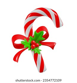 render of christmas candy decorated with ribbon with bow and holly. Vector 3d illustration isolated on white background