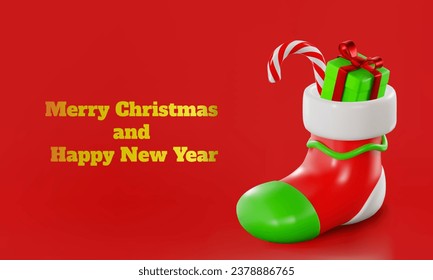 render of a Christmas sock with a candy cane and a gift. vector 3d illustration on isolated background