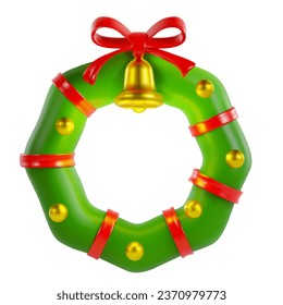 render of a Christmas wreath decorated with a bell and a red ribbon with a bow and balls. vector 3d illustration on isolated white background