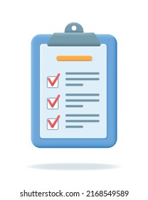 Render clipboard with checklist or paper Document. Writing, Copywriting, goal setting and business planning concept. Test form with check marks 3d vector illustration isolated on white background.