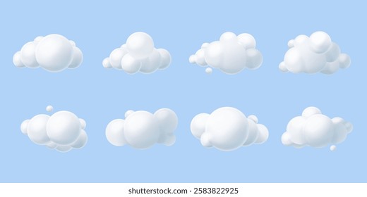 Render clouds icons. 3d cumulus cartoon fluffy dream cloud element, overcast weather cotton smoke fog bubbles above sky summer spring soft object, set exact vector illustration original artwork