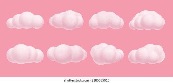 Render clouds. Soft cute cartoon air element. Environment simple cloud in pink sky. Various forms fluffy isolated geometric bubbles objects. Magic pure cloudscape. Vector 3d weather icon set