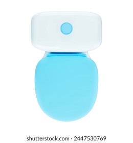 Render of cute 3d cartoon white ceramic toilet bowl with water tank and closed blue lid of seat isolated on white background top view. Element for Hygiene or Sanitary Concept. Vector illustration.