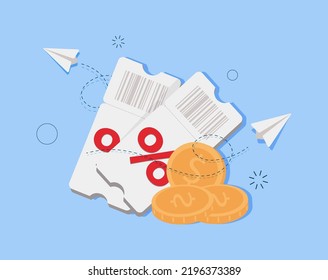 Entregar cupón de descuento con signo de porcentaje con monedas. Diseño de plantillas de devolución de efectivo de tarjetas de pago con promoción de código de cupón. El precio especial premium ofrece cupón de venta. Ilustración del vector