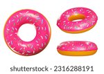 A render of a donut-shaped swim ring with sprinkles. different angles. Vector 3D illustration isolated on white background